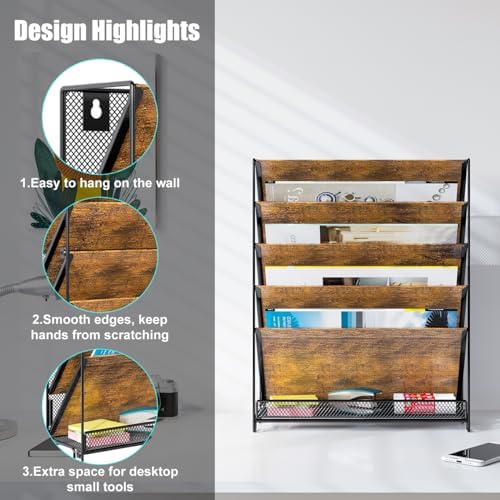 PAG-Mass Wall File Organizer for Office, 6-Tier Rustic Hanging File Holder Wall Storage Rack for Documents/Magazine/Literature/File Folders/Mails/Envelopes, Brown