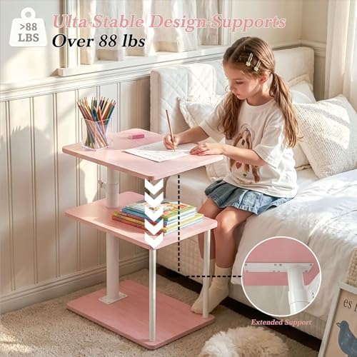 Faesun Swivel Side Table for Couch Arm, Adjustable C End Table for Recliner or Bed, Tv Trays with Storage Shelf for Small Spaces Small Nightstand Table for Living Room, Bedroom,Pink