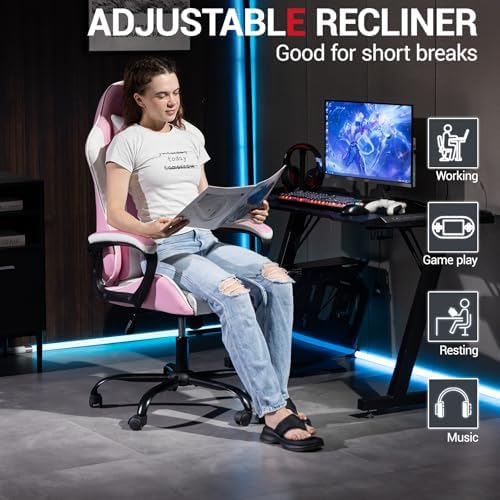 Massage Gaming Chair, Ergonomic PC Desk Chair with Headrest and Massage Lumbar Support, Video Game Chair w/Height Adjustable High Back for Home Office, Pink