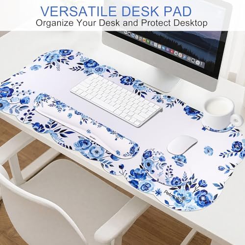 Petmolico Desk Pad Set with Wrist Rest for Keyboard & Mouse, Blue Flower