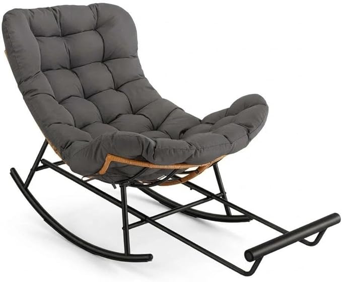 Jojoka Oversized Papasan Rocking Chair with Detachable Foot Rest, PE Rattan Rocker with Thick Removable Cushion, Metal Frame Lounge Chair for Indoor Outdoor Patio Garden Porch Living Room