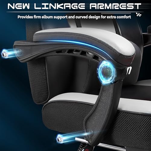 Gaming Chair for Adults, Video Game Chair with Footrest, Big and Tall Gaming Chair Heavy Duty Computer Chair with Massage Lumbar, Ergonomic Adjustable Height and 360° Swivel Seat, PU Leather, White