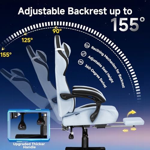 GTPLAYER Gaming Chair Fabric with Pocket Spring Cushion, High Back Ergonomic Computer Chair with Footrest for Adults Lumbar Support Swivel Game Chair for Office Gaming 350LBS, Light Blue