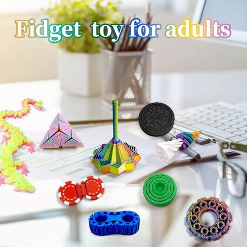 14-in-1 3D Printed Fidget Set for Adults - Sensory Anxiety Relief with Clicker, Articulated Dragon, Impossible Pyramid, Gyro Spinner, Poker Chips, Stress Relief Gifts for Men Women