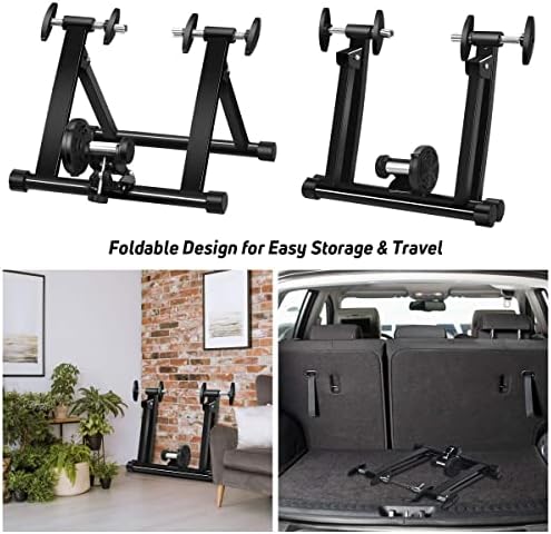 Bike Trainer Stand, Stationary Bike Stand for Indoor Riding, Steel Bicycle Exercise Magnetic Stand for 26-28â Wheels with Front Wheel Riser, Quick Release Folding Exercise Bike Stand Trainers