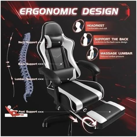 Leather Gaming Chair Massage Ergonomic Gamer Height Adjustable Computer with Footrest & Lumbar Support