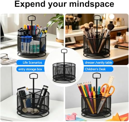 360 Degree Rotating Pen Holder for Desk (Black, with Handle)