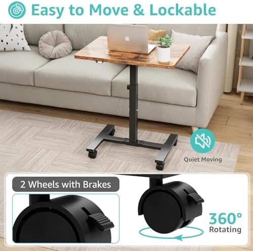 WINAZ Small Portable Laptop Rolling Desk - 24 Inch Mobile Computer Desk Adjustable Height on Wheels for Small Spaces, Couch Kids Desks End Side Table, Teacher Podium for Classroom, Rustic Brown