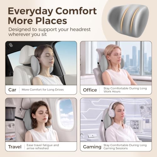 BABUR Ergonomic Memory Foam Car Headrest Pillow with Dual-Wing Support,Gray
