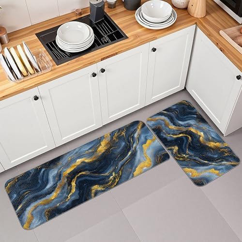 Tyrot Gold Blue Kitchen Mats for Floor 2 Pcs 17.3"X28"+17.3"X47"