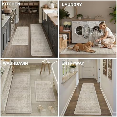 Anti Fatigue Beige Vintage Non-Slip Kitchen Mat 2 Piece