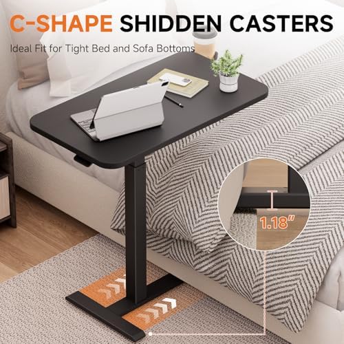 GTPLAYER Small Standing Desk with Hidden Wheels, Pneumatic Mobile Rolling Laptop Desk, Adjustable Height Overbed Bedside Table Computer Workstation for Home Office (32" W x 16" D, Black)