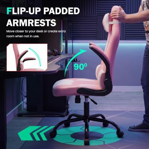 Gaming Chair Office Chair Desk Chair Racing Executive PU Leather Ergonomic Massage Computer Chair with Lumbar Support Headrest Armrest Task Rolling Swivel Chair for Girls, Pink