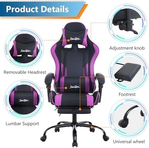 PayLessHere Ergonomic Racing Desk Chair Computer Chair Gaming Chair with Footrest Lumbar Support Headrest Armrest Task Rolling Swivel Ergonomic E-Sports Adjustable PC Gamer Chair (Purple)