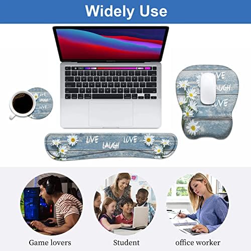 Mouse Pad Wrist Support and Keyboard Wrist Rest Set with Coasters, Dreamy Daisy Vintage Wood Board Live Love Laugh with Non-Slip PU Base Ergonomic Mousepad for Home Office Working Studying