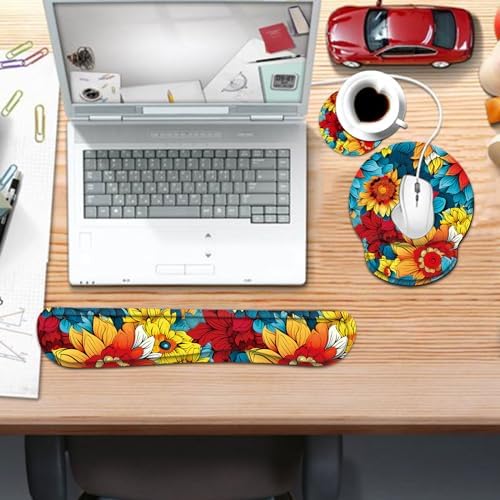 Keyboard Wrist Rest and Mouse Pad Wrist Support Set with Coaster,Ergonomic Mouse Pad,Comfortable for Easy Typing, Pain Relief,Memory Foam Keyboard Pad Set for Laptop Mac,Colorful Petals
