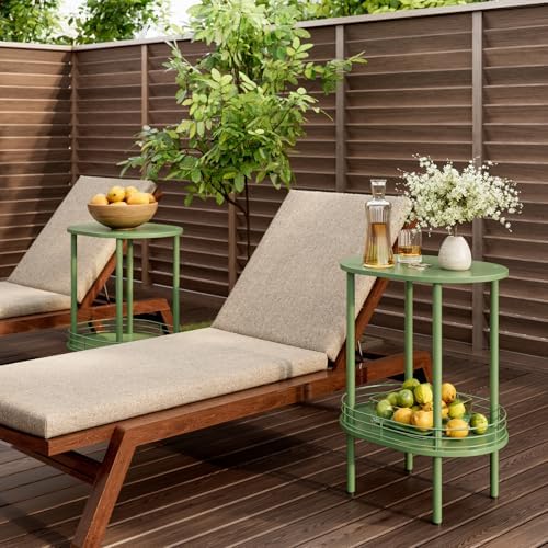 Small Oval Side Table with Storage, 2-Tier Green End Table for Small Space