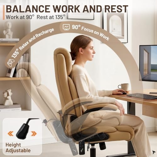Heated Office Chair, Reclining Desk Chair with Constant Warm Heat, Big and Tall Executive PU Leather Chairs for Heavy People, Ergonomic Wider & Thicker Seat Cushion Gaming Chairs (Khaki)