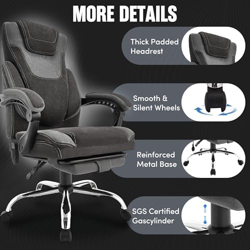 Massage Office Chair, Big and Tall Office Chair with Footrest, Ergonomic Executive Desk Chair with Extra Wide Seat, High Back&Padded Armrests, Reclining Fabric Computer Chairs, BlackGrey
