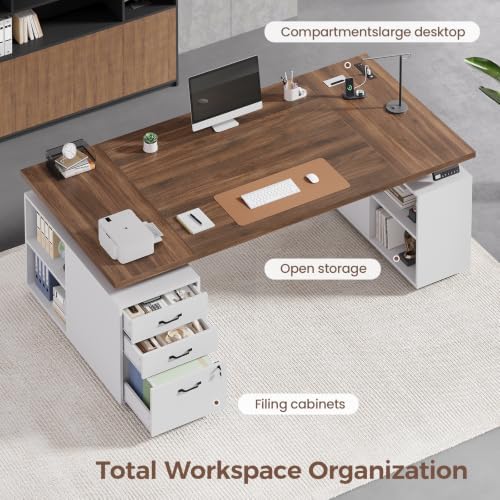 71" Electric Standing Desk with Drawers, Electric Height Adjustable Executive Desk with Lockable File Cabinet, Home Office Desk, Open Storage Compartments, Built-in Power Outlet, White