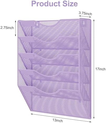 EasyPAG Wall File Organizer 5 Tier Hanging Paper Folder Holder, Zero Assembly Metal Mesh Wall Mounted Mail Organizer for Office Home Classroom Narrow Spaces, Puple