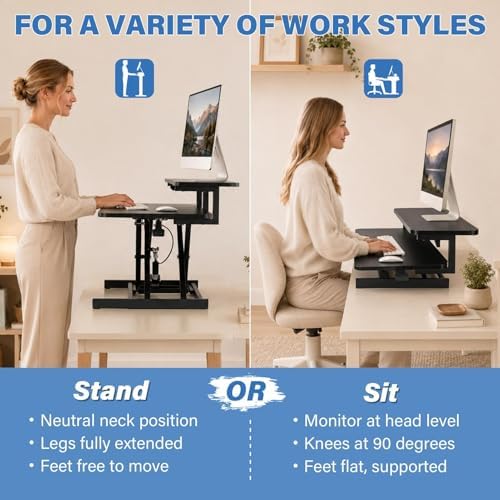 37" Height Adjustable Standing Desk Converter, 4.9" to18.5 Height Adjustable Sit Stand Up Desk Riser with Secondary Desks, Desktop Workstation Riser for Home Office Computer Laptop, Black