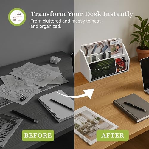 Prosumer's Choice Bamboo Desk Organizer β White Powder-Coated Natural Bamboo Mail Organizer for Countertop - Wooden Desktop Organizer for Mail, Files, Letters, and Tabletop Storage