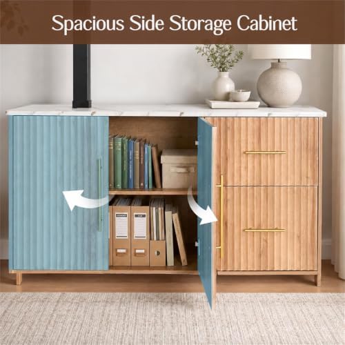 NORTHSKY 55" L-Shaped Electric Standing Desk with Drawers and Storage Cabinet, Height Adjustable Corner Desk for Home Office, 3 Memory Presets, Natural Oak & White Marble