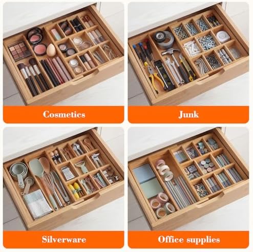 Bamboo Sliding Desk Drawer Organizer 9'' up to 17.9'' x 12'' x 2.2'' Expandable Office Desk Accessories Supplies Tray with 11 Compartments for Pens, Notebooks, Rulers, and Makeup Jewelry Vanity