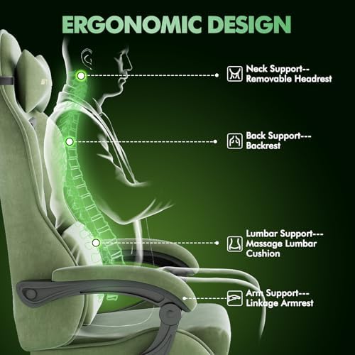 Soontrans Green Velvet Gaming Chair with Footrest, Ergonomic Reclining Computer Desk Chair, Massage Lumbar Cushion & Headrest, Comfortable Video Game Chair for Adults
