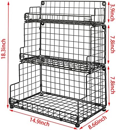 X-cosrack Stackable Wire Basket 3 Tier Countertop& Wall Mounted Metal Storage Basket for Kitchen Pantry Cabinet, Muti-functional Open Front Bin Organizer for Food Fruit Snack, Black