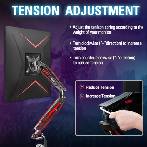 MOUNT PRO Single Gaming Monitor Stand - Mechanical Spring Display Mount, Adjustable Gaming Monitor Arm with C Clamp and Grommet Mounting Base - Fits for Computer Screen up to 32”, VESA 75x75, 100x100
