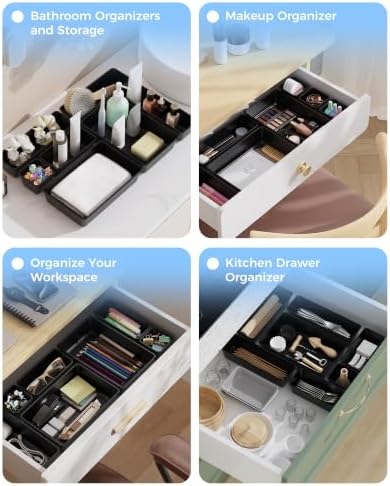 BiuLeon 25 PCS Plastic Drawer Organizers Set, 4-Sizes Vanity and Makeup Organizer, Desk and bathroom Drawer Organizer Trays, Organizers and Storage for Makeup, Jewelry, Gadgets, Utensils (Black)