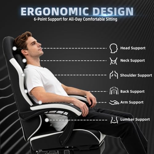 Gaming Chair for Adults, Fabric Gaming Chair with Footrest and Pocket Spring Cushion, Ergonomic Gamer Chair with Lumbar Support, Reclining Computer Gaming Chair with High Back (Black)