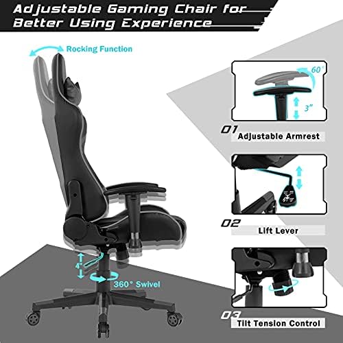 GYMAX Gaming Chair, Massage Gaming Chairs for Adults with Headrest, Lumbar Support & Armrest, Video Computer Reclining Gaming Chair, Office Desk Gamer Task Chair (Grey)