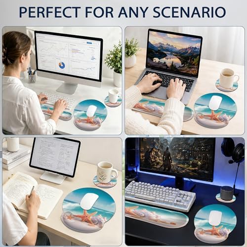 Starfish Wrist Rest Support for Mouse Pad Keyboard Set, Shell Beach Mouse Pad with Non Slip Rubber Base for Home and Office Typing Support