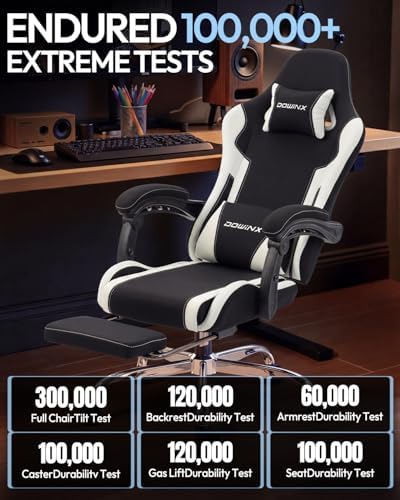 Dowinx Ergonomic Gaming Chair with Footrest & Massage Lumbar, 2D-Linkage Armrests for Computer Chair 330lbs with Headrest Pillow for Office, Home, Streaming and Long Gaming Sessions, Fabric White