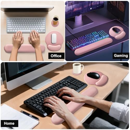 Keyboard Wrist Rest Mouse Pad with Wrist Support, Gaming Mousepad with Non-Slip Base, Ergonomic Mouse Wrist Arm Cushion Support for Home Office Laptop Computer, Easy Typing for Pain Relief, Pink