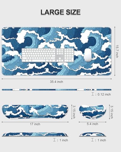 Auhoahsil Large Mouse Pad with Wrist Rests for Keyboard & Mouse, Thick Soft Ergonomic Memory Foam Wrist Supports, Big & Long Desk Mat 35.5 x 15.7 in, for Office Gaming Computer, Blue Wave