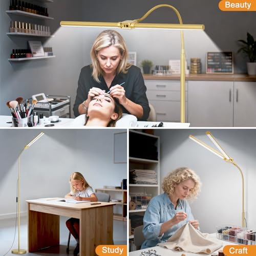 Gold Floor Lamp, 18W/2000LM Bright LED Floor Lamp for Living Room Office, Adjustable Gooseneck Dimmable Standing Task Lamp for Reading, Study, Arts, Eye Caring Craft Light for Sewing Tatoo Puzzle