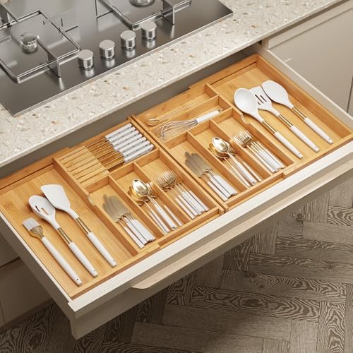 BAMEOS Expandable Silverware Drawer Organizer with Removable Knife Blocks, Bamboo Kitchen Utensil Holder from 21" to 36", Large Cutlery Tray with Divider for Forks, Spoons, Knives