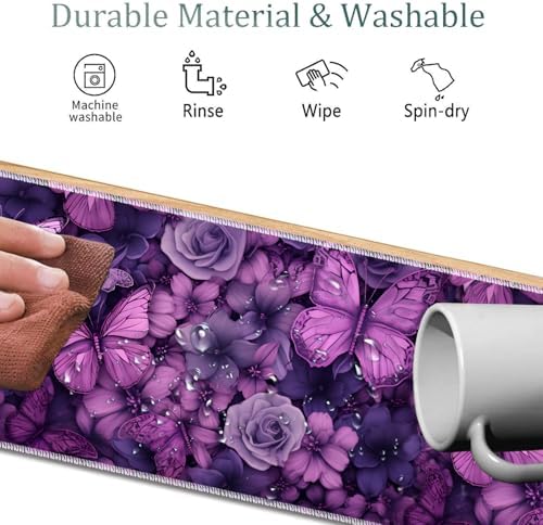 Mouse Pad Combo, Large Gaming Mouse Pad + Keyboard Wrist Support + Mouse Wrist Rest + Coaster, Table Pad 31.5 "x 11.8" with Memory Foam Ergonomic Wrist Pad Set, Butterflies Purple and Purple Flowers