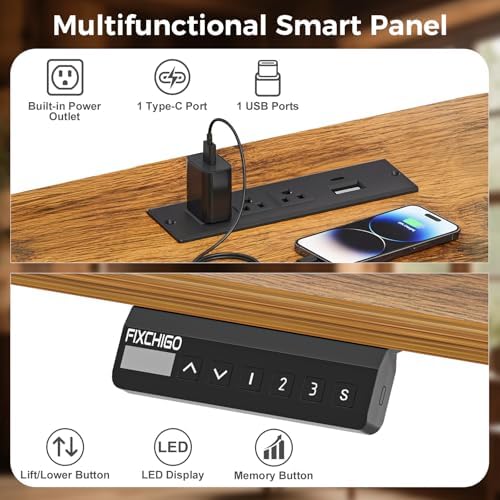 Electric Standing Desk with Drawers, 63 Inch Height Adjustable Desk with Power Outlets & LED Lights, Sit Stand Table with Monitor Stand for Home, Office, Brown