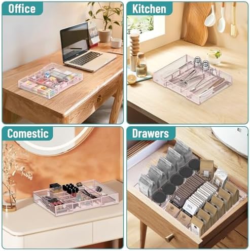 Expandable Desk Drawer Organizer, 10 Adjustable Compartments, Pink