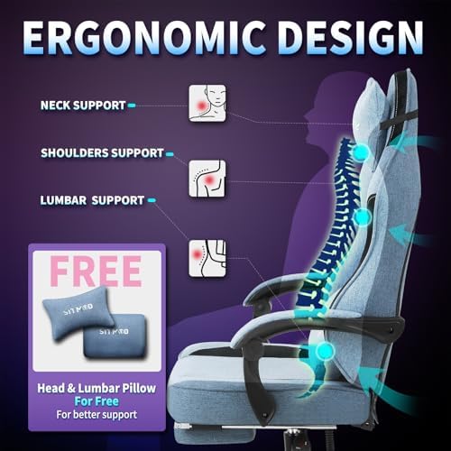 Gaming Chairs for Adults with Footrest Fabric Computer Ergonomic Video Game Chair-Backrest and Seat Height Adjustable Swivel Task Chair with Headrest and Lumbar Support(Blue)