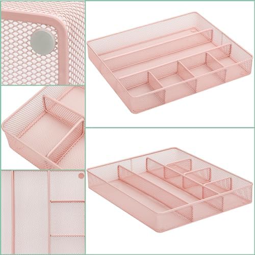 Annova Desk Top Organizer Tray for Office Organization - Metal Mesh - Storage Tray with Dividers for Pens, Desktop Accessories, Bathroom, Kitchen, Makeup and Office Supplies (Large, Light Pink)