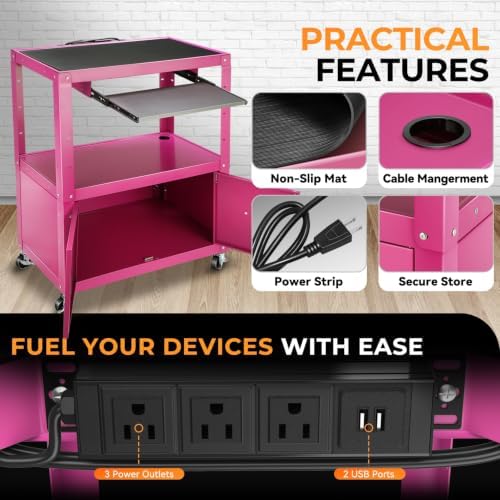 Auto Dynasty Rolling AV Cart, Height Adjustable with Lock Storage, Purple