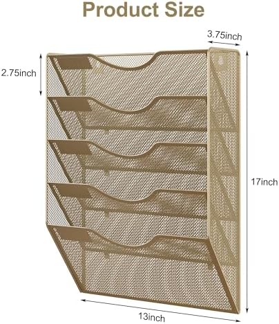 EasyPAG Wall File Organizer 5 Tier Hanging Paper Folder Holder, Zero Assembly Metal Mesh Wall Mounted Mail Organizer for Office Home Classroom Narrow Spaces, Gold