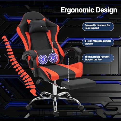 Massage Gaming Chair with Footrest,Ergonomic Video Game Chair for Adults Kids, Adjustable Headrest & Lumbar Support, 90-135° Recline, 360° Swivel, for Gaming Room Home Office Bedroom, Red