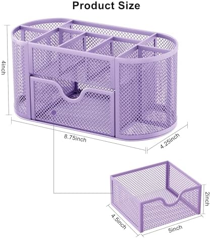 EasyPAG Mesh Pen Holder Desk Organizer with Drawer Stationery Supplies Organizer for Dorm School 9 Compartments Workspace Desk Accessories Organization for Office (Light Purple)